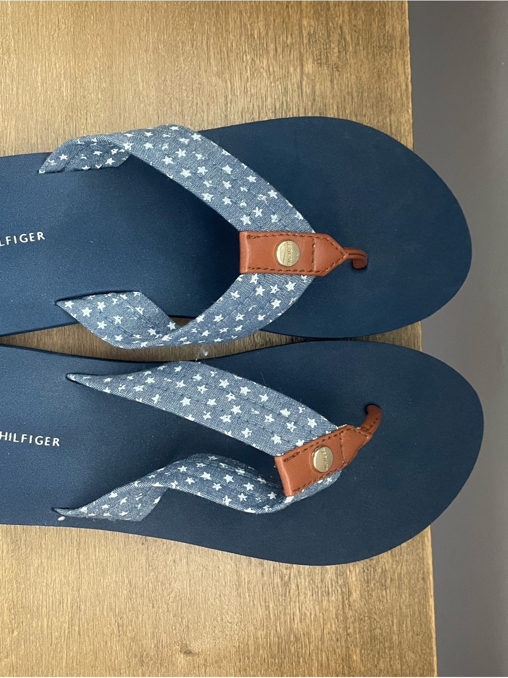 Tommy Hilfiger Navy Blue Star-Print Kids Flip Flops with Brown Accents